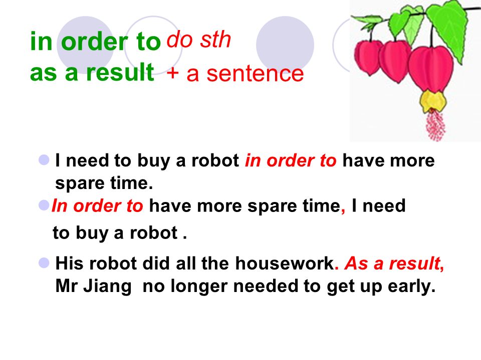 九年级 英语组 Grammar In Order To As A Result I Need To Buy A Robot In Order To Have More Spare Time His Robot Did All The Housework As A Result Mr