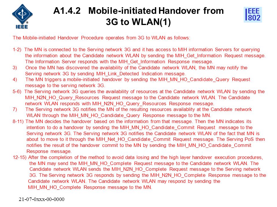 xxx A1.4.2 Mobile-initiated Handover from 3G to WLAN(1) The Mobile-initiated Handover Procedure operates from 3G to WLAN as follows: 1-2) The MN is connected to the Serving network 3G and it has access to MIH information Servers for querying the information about the Candidate network WLAN by sending the MIH_Get_Information Request message.