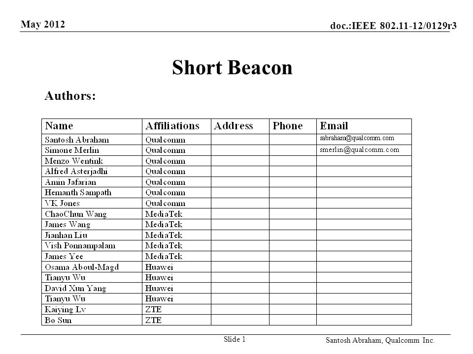 doc.:IEEE /0129r3 May 2012 Santosh Abraham, Qualcomm Inc. Short Beacon Slide 1 Authors: