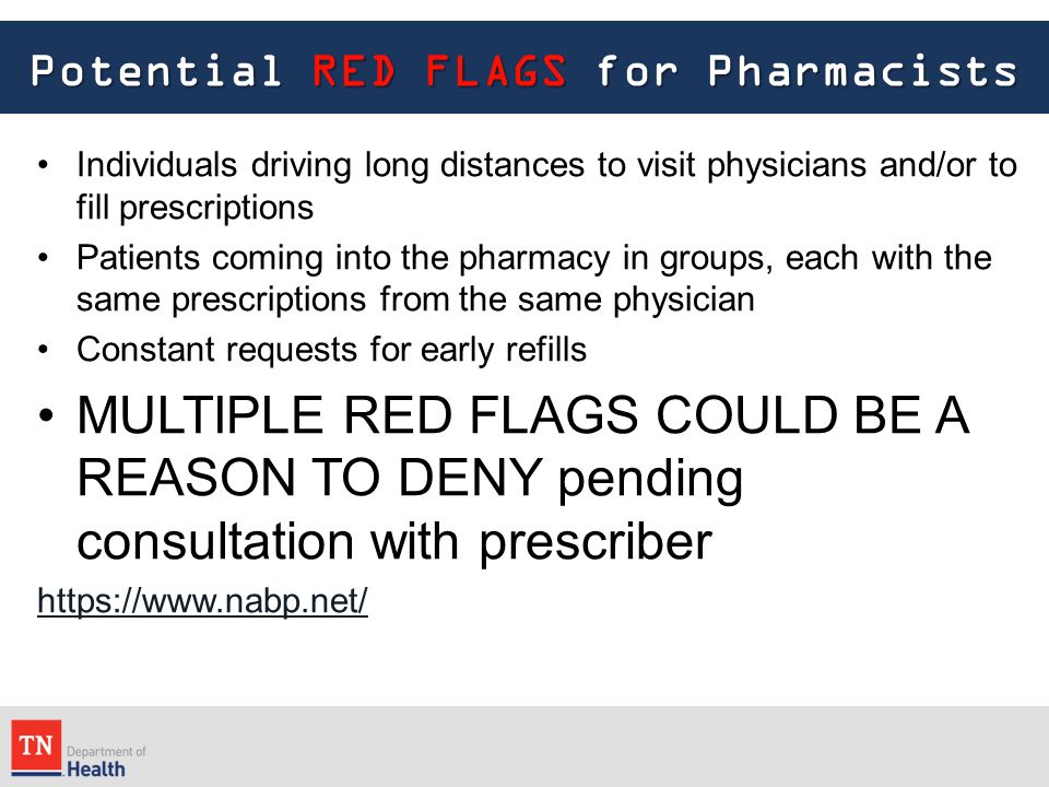 Potential RED FLAGS for Pharmacists Individuals driving long distances to visit physicians and/or to fill prescriptions Patients coming into the pharmacy in groups, each with the same prescriptions from the same physician Constant requests for early refills MULTIPLE RED FLAGS COULD BE A REASON TO DENY pending consultation with prescriber