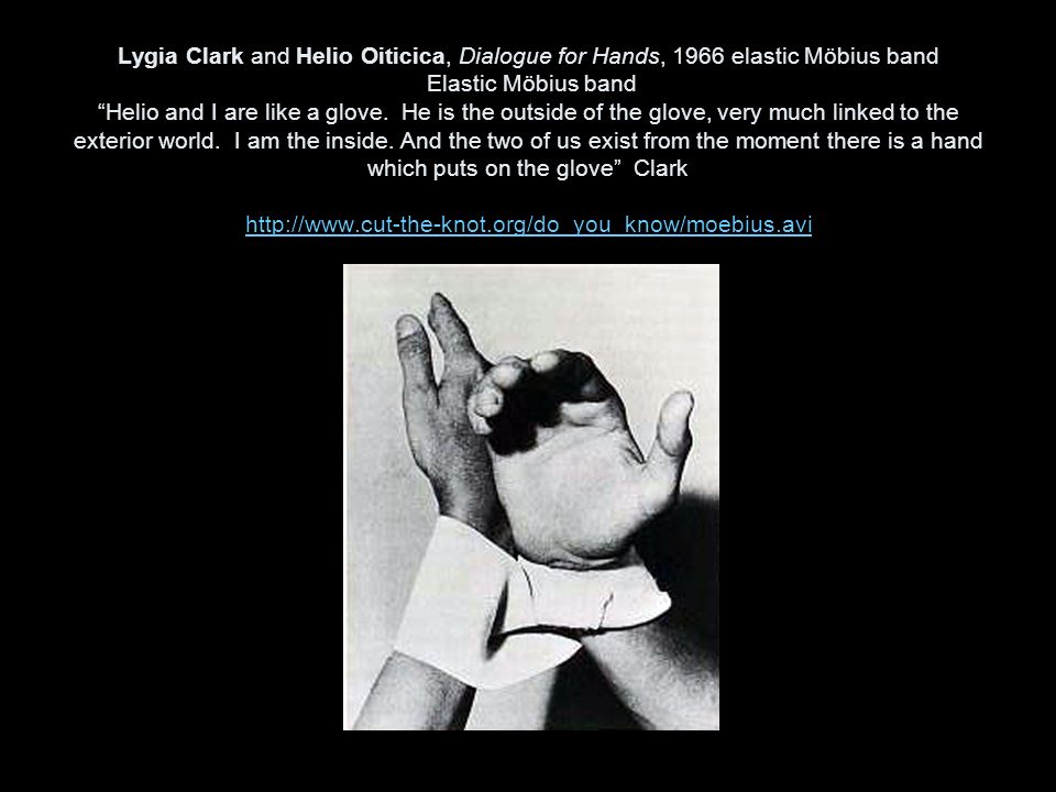 Lygia Clark and Helio Oiticica, Dialogue for Hands, 1966 elastic Möbius band Elastic Möbius band Helio and I are like a glove.