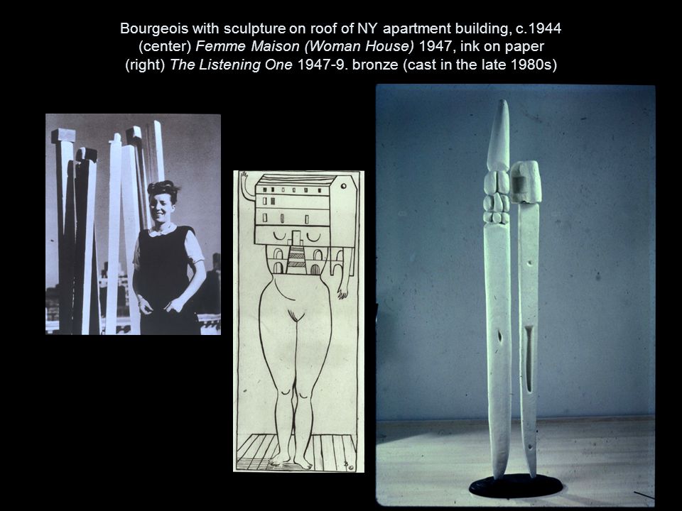 Bourgeois with sculpture on roof of NY apartment building, c.1944 (center) Femme Maison (Woman House) 1947, ink on paper (right) The Listening One