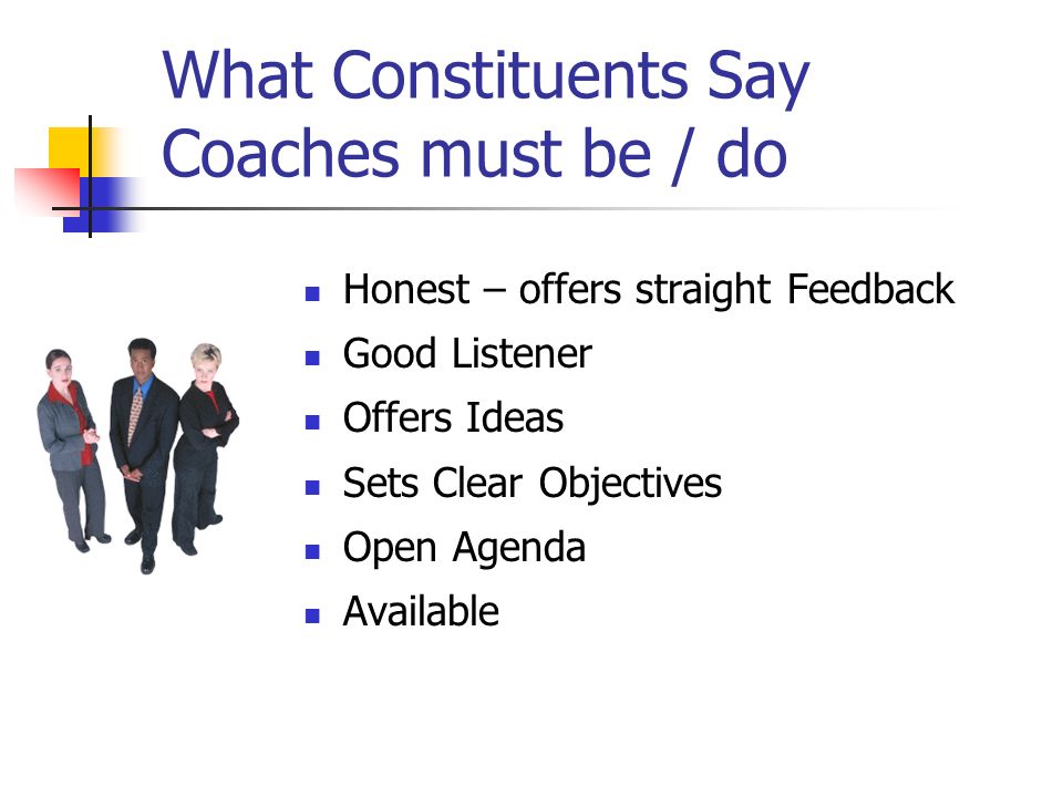 What Constituents Say Coaches must be / do Honest – offers straight Feedback Good Listener Offers Ideas Sets Clear Objectives Open Agenda Available