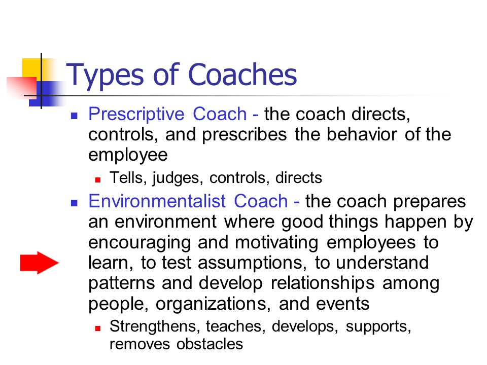 Types of Coaches Prescriptive Coach - the coach directs, controls, and prescribes the behavior of the employee Tells, judges, controls, directs Environmentalist Coach - the coach prepares an environment where good things happen by encouraging and motivating employees to learn, to test assumptions, to understand patterns and develop relationships among people, organizations, and events Strengthens, teaches, develops, supports, removes obstacles