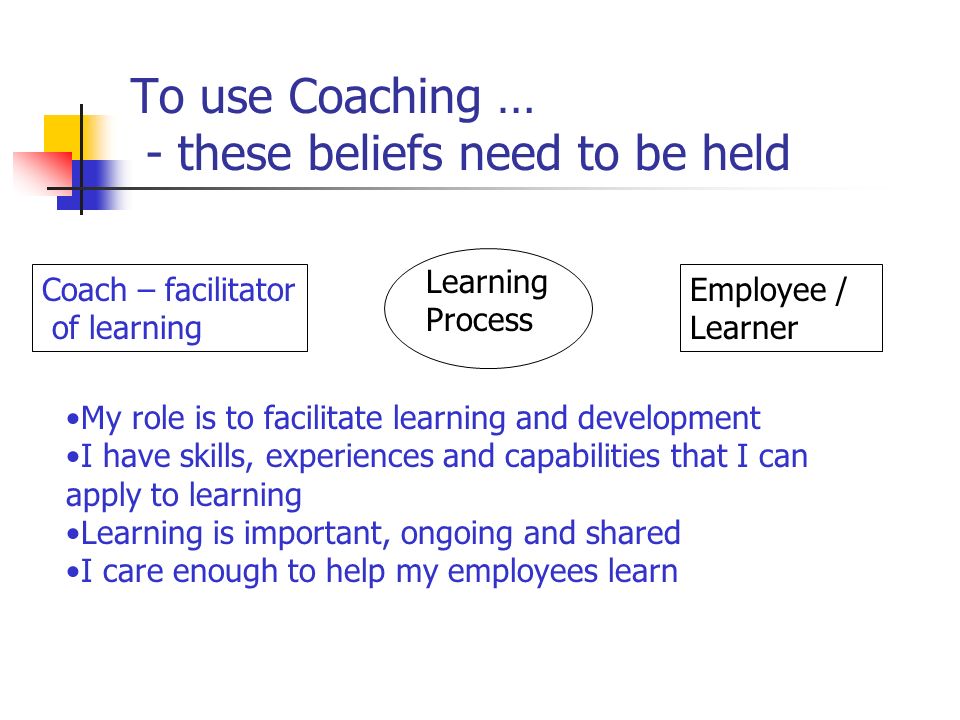 To use Coaching … - these beliefs need to be held Coach – facilitator of learning Learning Process Employee / Learner My role is to facilitate learning and development I have skills, experiences and capabilities that I can apply to learning Learning is important, ongoing and shared I care enough to help my employees learn