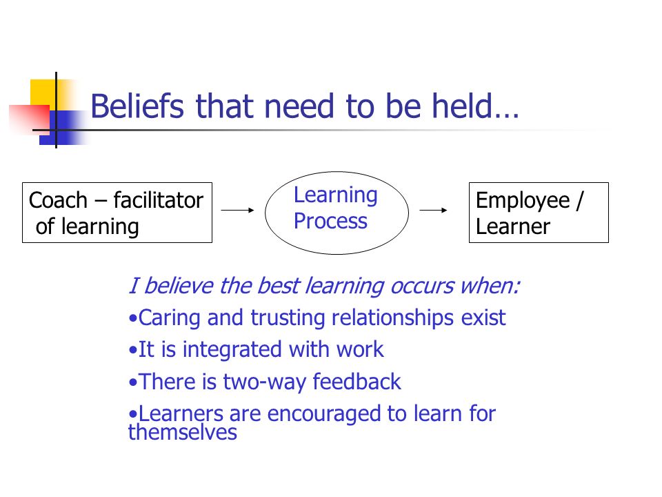 Beliefs that need to be held… Coach – facilitator of learning Learning Process Employee / Learner I believe the best learning occurs when: Caring and trusting relationships exist It is integrated with work There is two-way feedback Learners are encouraged to learn for themselves