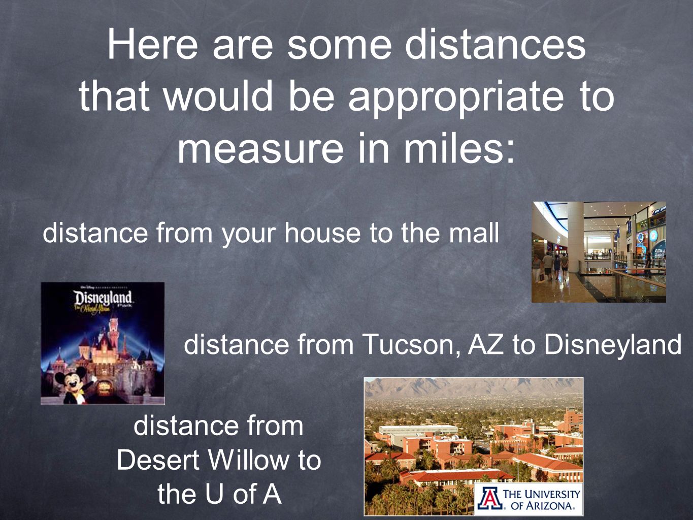 Here are some distances that would be appropriate to measure in miles: distance from your house to the mall distance from Tucson, AZ to Disneyland distance from Desert Willow to the U of A