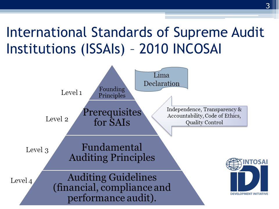 International Standards of Supreme Audit Institutions (ISSAIs) – 2010 INCOSAI 3 Founding Principles Prerequisites for SAIs Fundamental Auditing Principles Auditing Guidelines (financial, compliance and performance audit).
