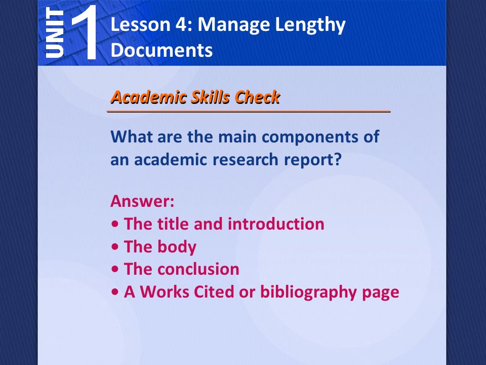 What are the main components of an academic research report.