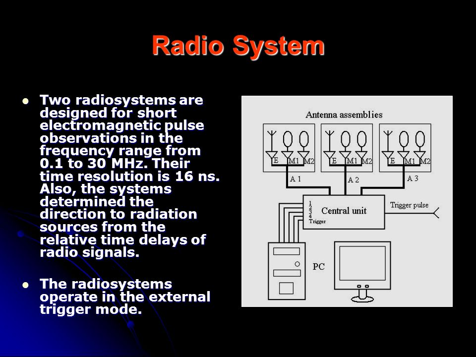 Radio System Two radiosystems are designed for short electromagnetic pulse observations in the frequency range from 0.1 to 30 MHz.