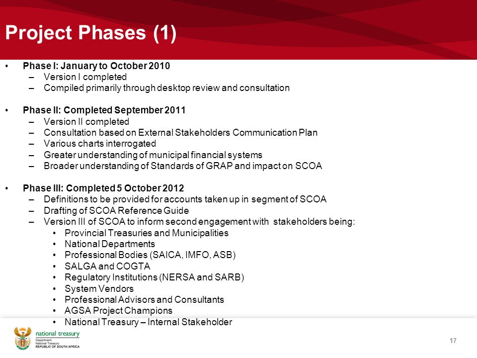 Project Phases (1) Phase I: January to October 2010 –Version I completed –Compiled primarily through desktop review and consultation Phase II: Completed September 2011 –Version II completed –Consultation based on External Stakeholders Communication Plan –Various charts interrogated –Greater understanding of municipal financial systems –Broader understanding of Standards of GRAP and impact on SCOA Phase III: Completed 5 October 2012 –Definitions to be provided for accounts taken up in segment of SCOA –Drafting of SCOA Reference Guide –Version III of SCOA to inform second engagement with stakeholders being: Provincial Treasuries and Municipalities National Departments Professional Bodies (SAICA, IMFO, ASB) SALGA and COGTA Regulatory Institutions (NERSA and SARB) System Vendors Professional Advisors and Consultants AGSA Project Champions National Treasury – Internal Stakeholder 17