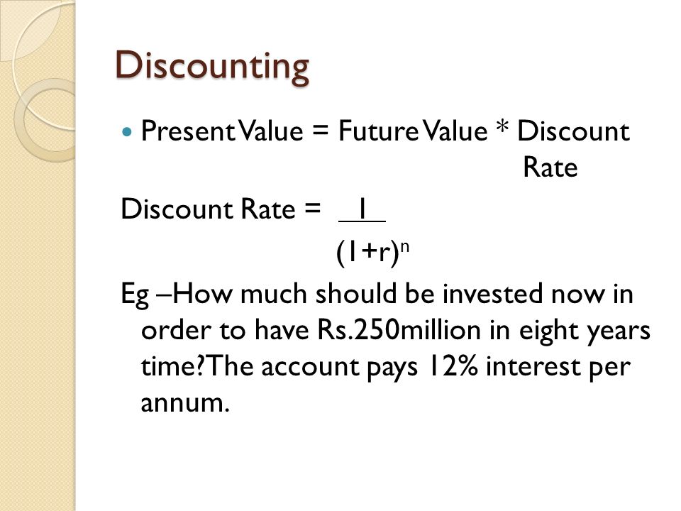Discounting Present Value = Future Value * Discount Rate Discount Rate = 1 (1+r) n Eg –How much should be invested now in order to have Rs.250million in eight years time The account pays 12% interest per annum.