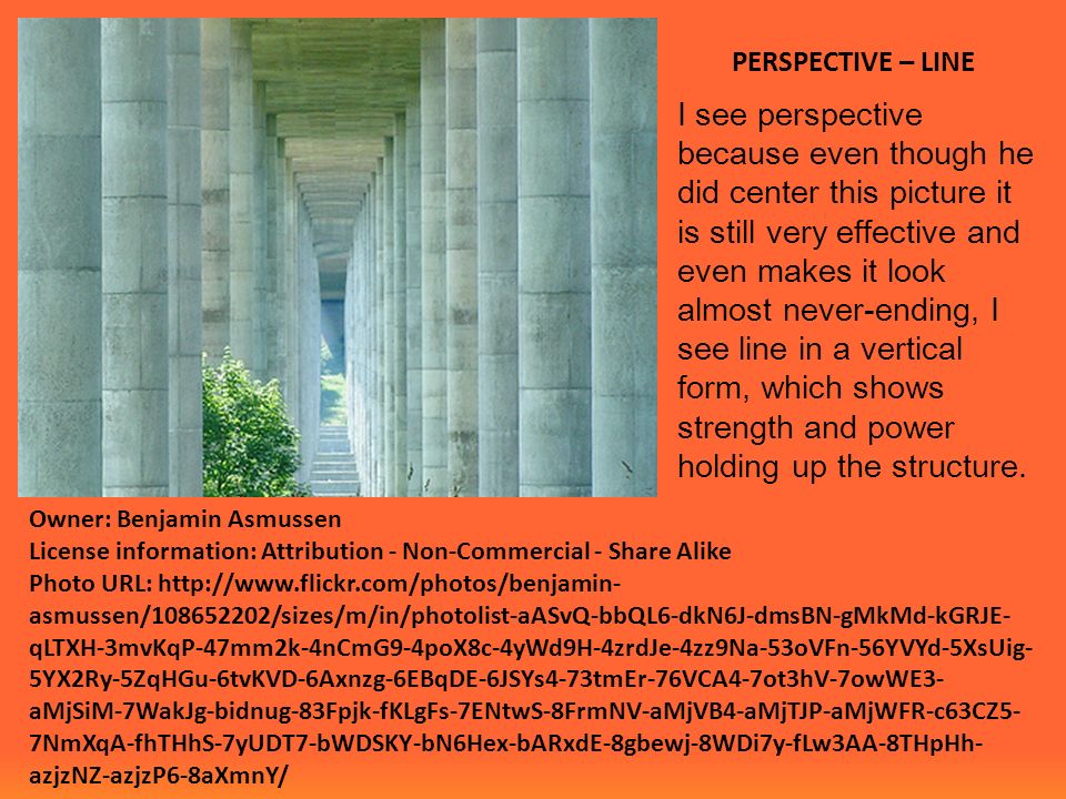 PERSPECTIVE – LINE I see perspective because even though he did center this picture it is still very effective and even makes it look almost never-ending, I see line in a vertical form, which shows strength and power holding up the structure.