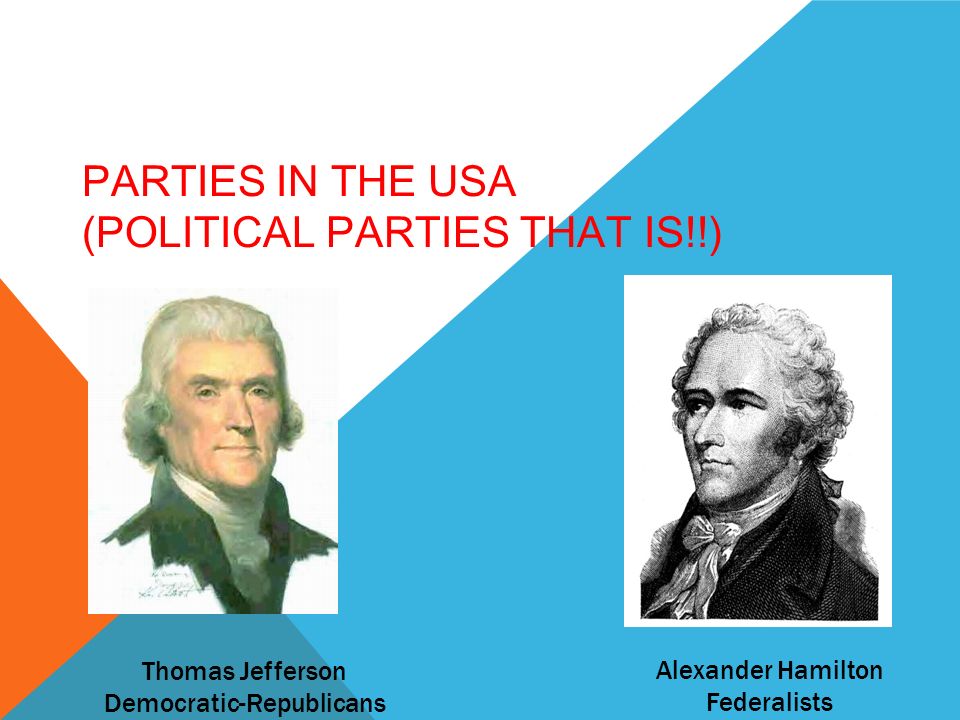 PARTIES IN THE USA (POLITICAL PARTIES THAT IS!!) Thomas Jefferson Democratic-Republicans Alexander Hamilton Federalists