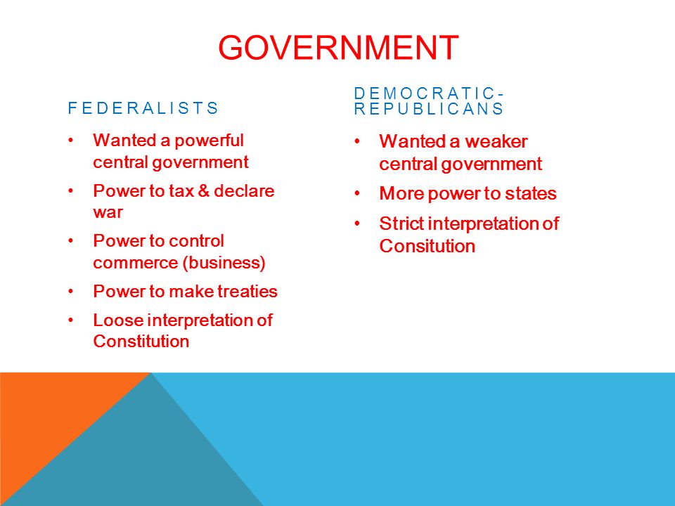 GOVERNMENT FEDERALISTS Wanted a powerful central government Power to tax & declare war Power to control commerce (business) Power to make treaties Loose interpretation of Constitution DEMOCRATIC- REPUBLICANS Wanted a weaker central government More power to states Strict interpretation of Consitution