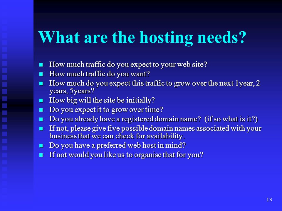 13 What are the hosting needs. How much traffic do you expect to your web site.