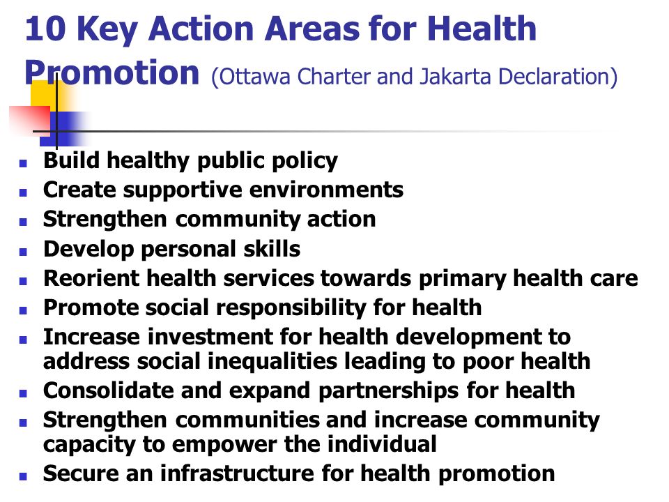 10 Key Action Areas for Health Promotion (Ottawa Charter and Jakarta Declaration) Build healthy public policy Create supportive environments Strengthen community action Develop personal skills Reorient health services towards primary health care Promote social responsibility for health Increase investment for health development to address social inequalities leading to poor health Consolidate and expand partnerships for health Strengthen communities and increase community capacity to empower the individual Secure an infrastructure for health promotion
