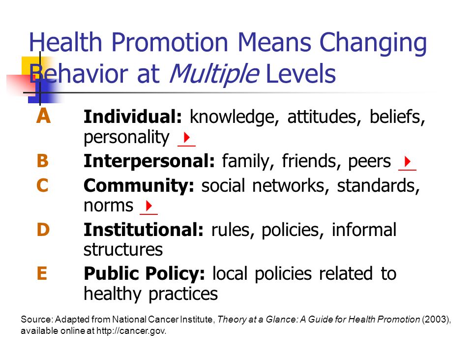Health Promotion Means Changing Behavior at Multiple Levels A Individual: knowledge, attitudes, beliefs, personality   BInterpersonal: family, friends, peers   CCommunity: social networks, standards, norms   DInstitutional: rules, policies, informal structures EPublic Policy: local policies related to healthy practices Source: Adapted from National Cancer Institute, Theory at a Glance: A Guide for Health Promotion (2003), available online at