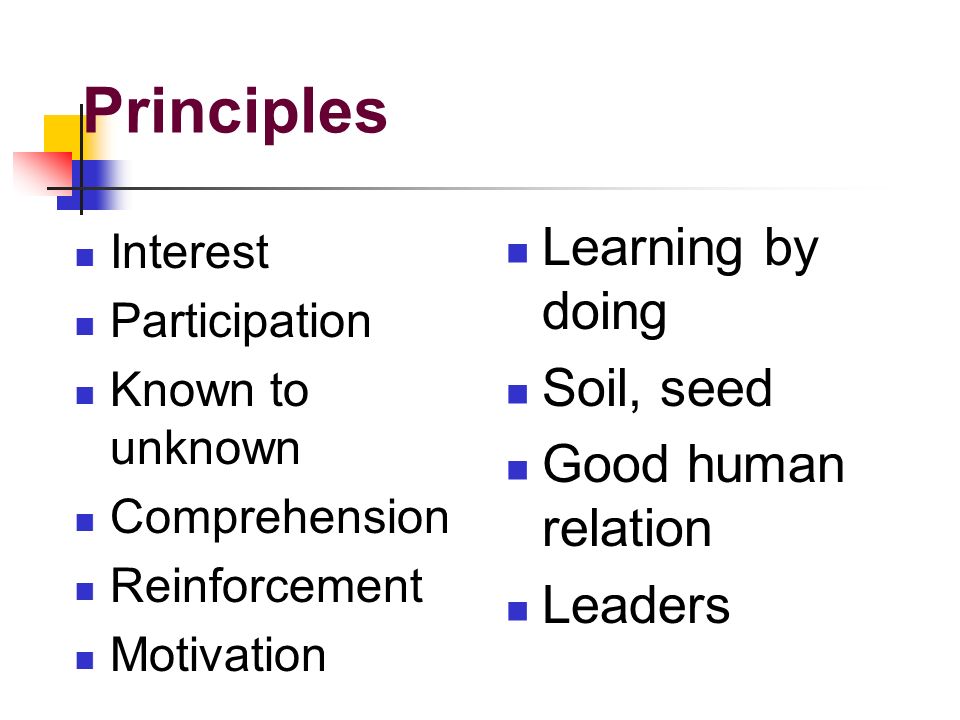 Principles Interest Participation Known to unknown Comprehension Reinforcement Motivation Learning by doing Soil, seed Good human relation Leaders