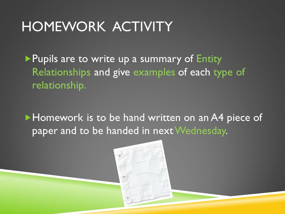 HOMEWORK ACTIVITY  Pupils are to write up a summary of Entity Relationships and give examples of each type of relationship.