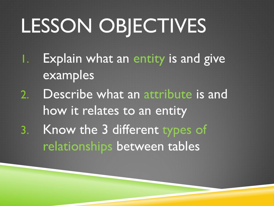 LESSON OBJECTIVES 1. Explain what an entity is and give examples 2.