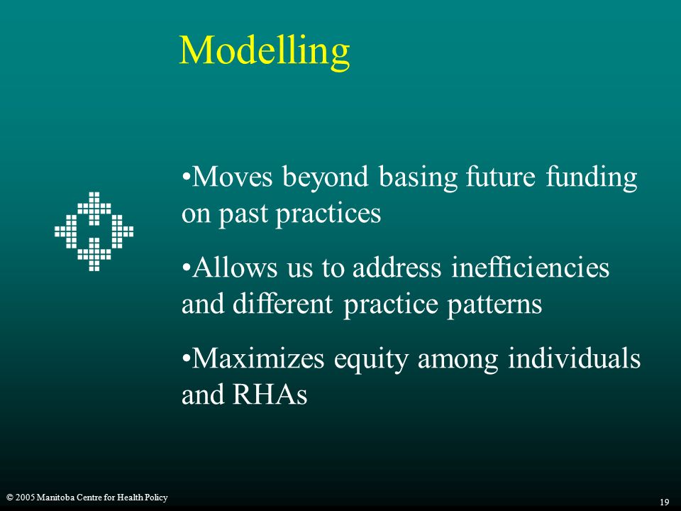 © 2005 Manitoba Centre for Health Policy 19 Modelling Moves beyond basing future funding on past practices Allows us to address inefficiencies and different practice patterns Maximizes equity among individuals and RHAs