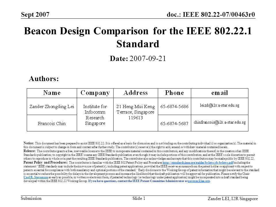 doc.: IEEE /00463r0 Submission Zander LEI, I2R Singapore Sept 2007 Slide 1 Beacon Design Comparison for the IEEE Standard Date: Authors: Notice: This document has been prepared to assist IEEE