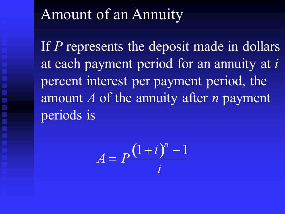 Amount of an Annuity If P represents the deposit made in dollars at each payment period for an annuity at i percent interest per payment period, the amount A of the annuity after n payment periods is