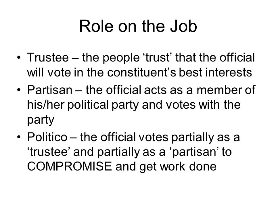 Role on the Job Trustee – the people ‘trust’ that the official will vote in the constituent’s best interests Partisan – the official acts as a member of his/her political party and votes with the party Politico – the official votes partially as a ‘trustee’ and partially as a ‘partisan’ to COMPROMISE and get work done