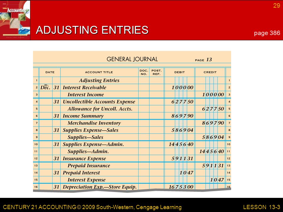 CENTURY 21 ACCOUNTING © 2009 South-Western, Cengage Learning 29 LESSON 13-3 ADJUSTING ENTRIES page 386