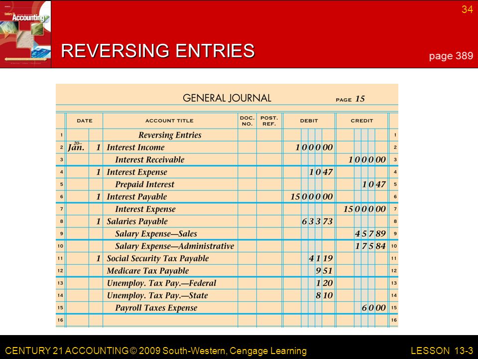 CENTURY 21 ACCOUNTING © 2009 South-Western, Cengage Learning 34 LESSON 13-3 REVERSING ENTRIES page 389