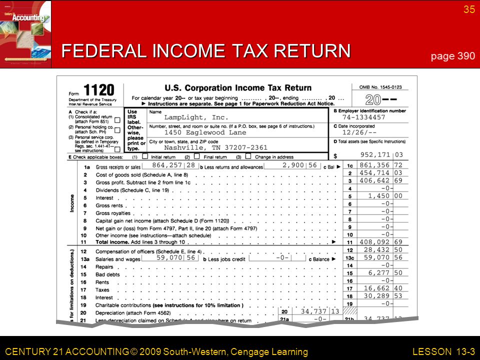 CENTURY 21 ACCOUNTING © 2009 South-Western, Cengage Learning 35 LESSON 13-3 FEDERAL INCOME TAX RETURN page 390