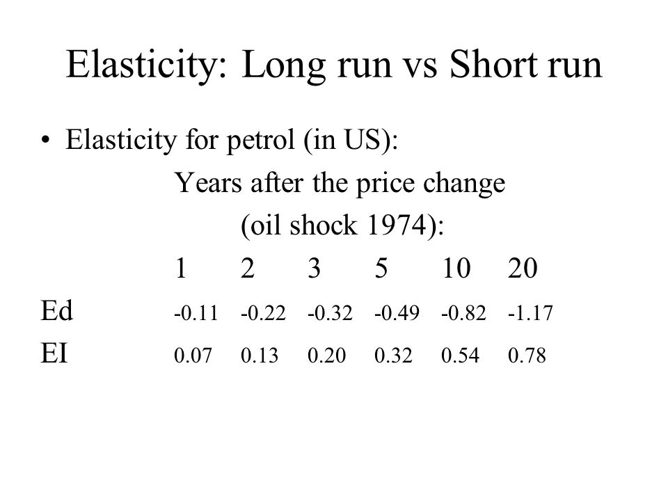Elasticity: Long run vs Short run Elasticity for petrol (in US): Years after the price change (oil shock 1974): Ed EI