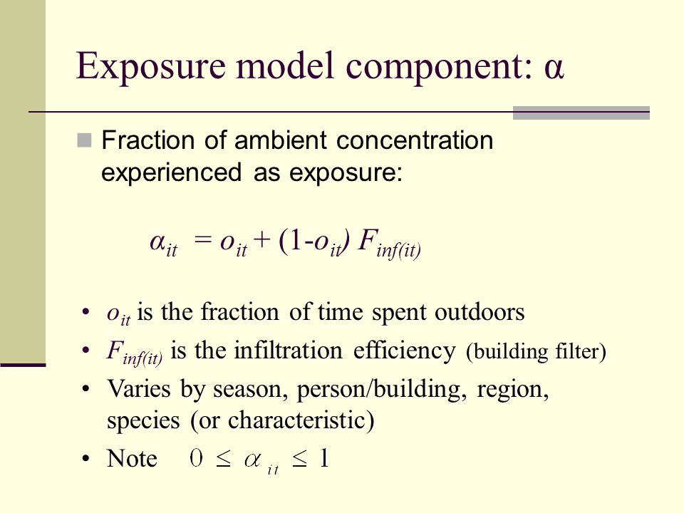 Exposure model component: α Fraction of ambient concentration experienced as exposure: α it = o it + (1-o it ) F inf(it) is the fraction of time spent outdoorso it is the fraction of time spent outdoors is the infiltration efficiency (building filter)F inf(it) is the infiltration efficiency (building filter) Varies by season, person/building, region, species (or characteristic)Varies by season, person/building, region, species (or characteristic) NoteNote