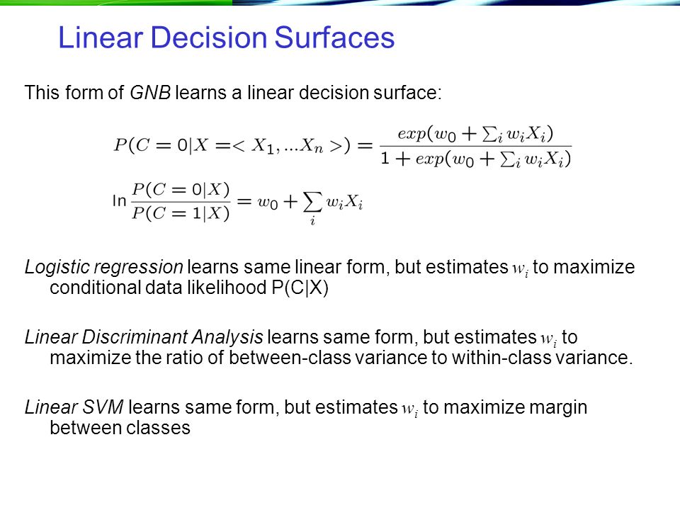 Linear Decision Surfaces This form of GNB learns a linear decision surface: Logistic regression learns same linear form, but estimates w i to maximize conditional data likelihood P(C|X) Linear Discriminant Analysis learns same form, but estimates w i to maximize the ratio of between-class variance to within-class variance.
