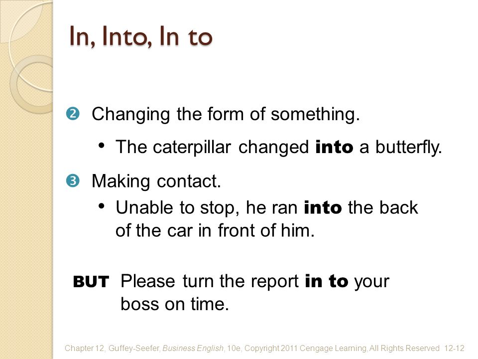 In, Into, In to Chapter 12, Guffey-Seefer, Business English, 10e, Copyright 2011 Cengage Learning, All Rights Reserved12-12  Making contact.