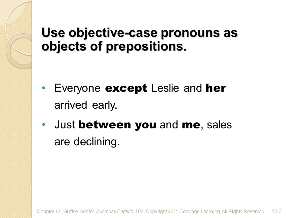 Chapter 12, Guffey-Seefer, Business English, 10e, Copyright 2011 Cengage Learning, All Rights Reserved12-3 Use objective-case pronouns as objects of prepositions.