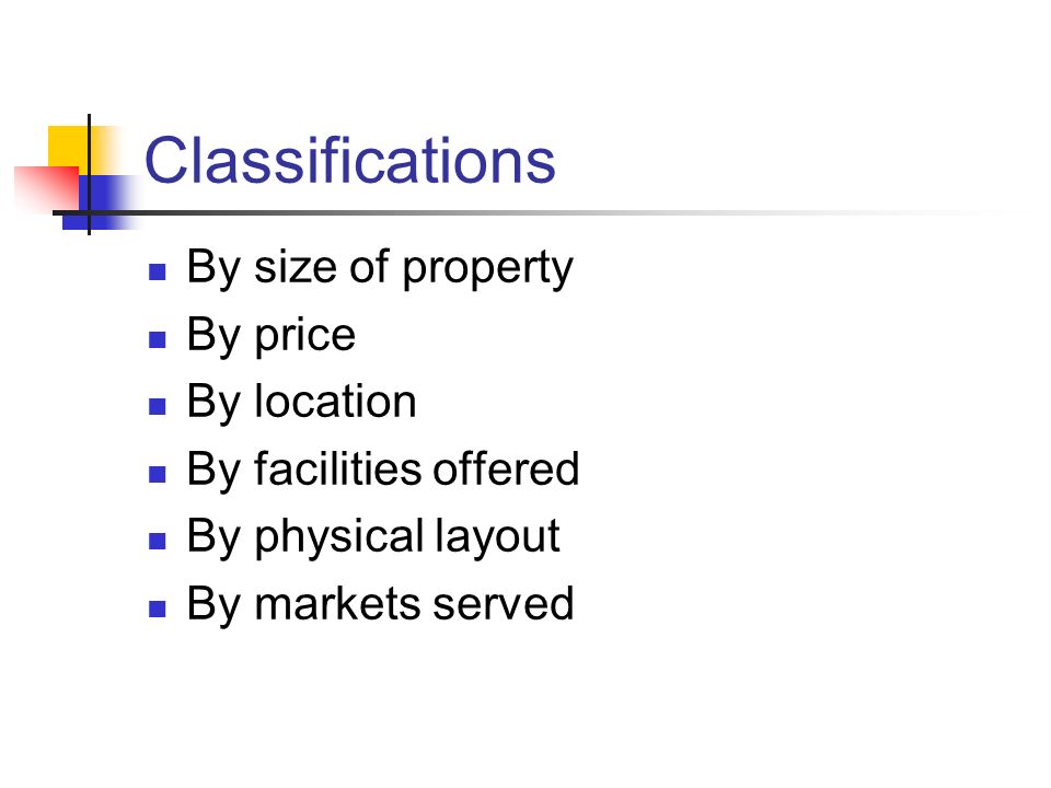 Classifications By size of property By price By location By facilities offered By physical layout By markets served