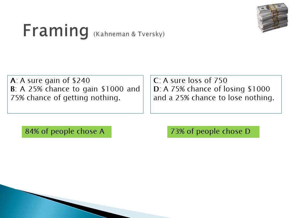 A: A sure gain of $240 B: A 25% chance to gain $1000 and 75% chance of getting nothing.