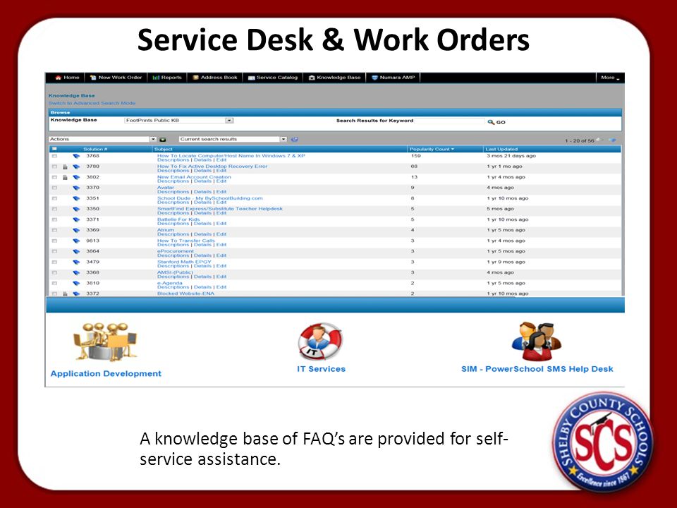 Service Desk & Work Orders A knowledge base of FAQ’s are provided for self- service assistance.