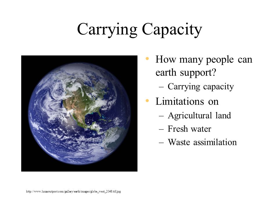 Carrying Capacity How many people can earth support.