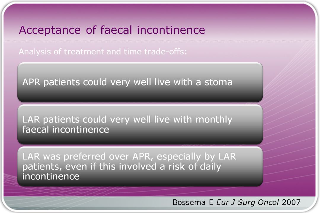 Acceptance of faecal incontinence Analysis of treatment and time trade-offs: Bossema E Eur J Surg Oncol 2007