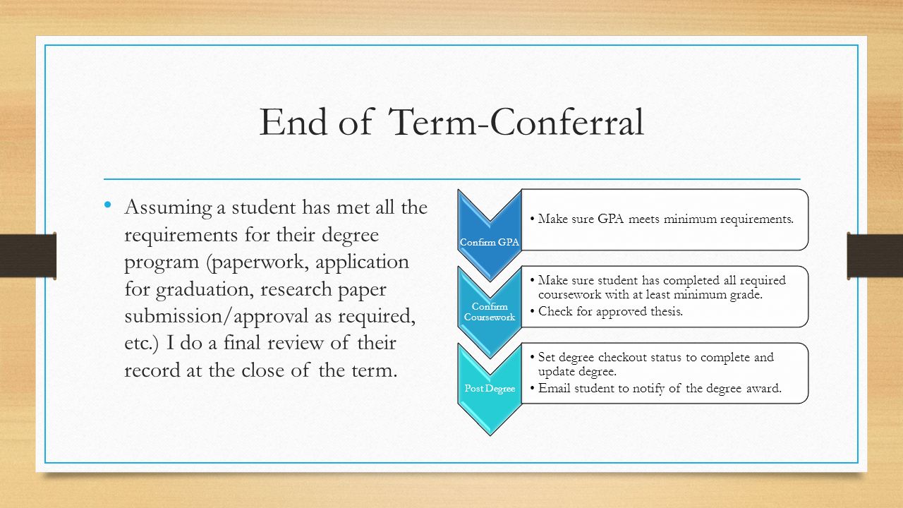 End of Term-Conferral Assuming a student has met all the requirements for their degree program (paperwork, application for graduation, research paper submission/approval as required, etc.) I do a final review of their record at the close of the term.