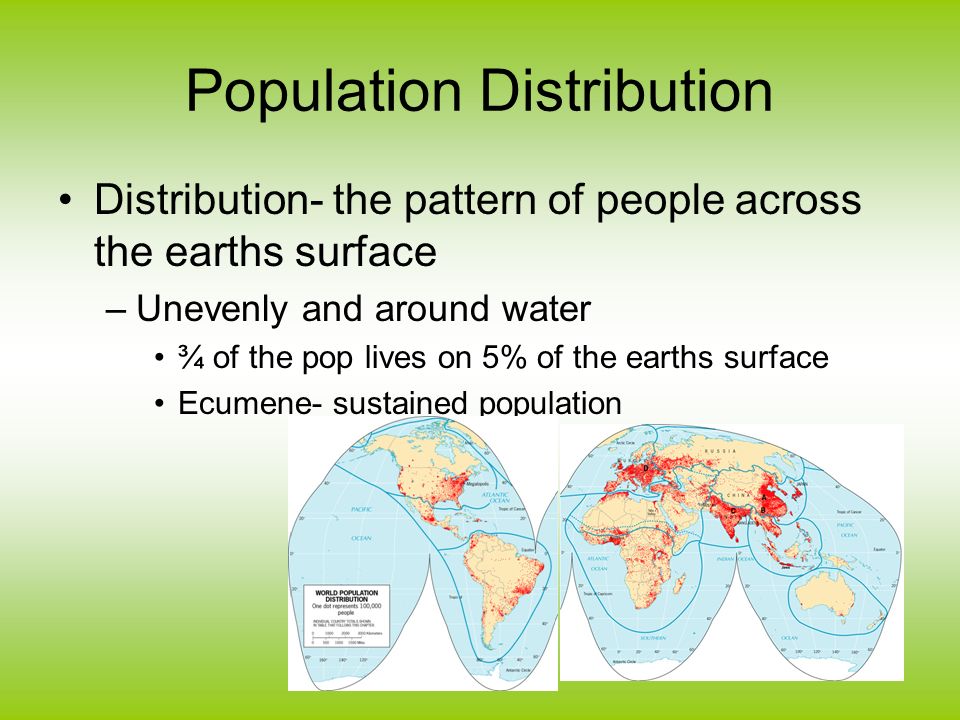Population Distribution Distribution- the pattern of people across the earths surface –Unevenly and around water ¾ of the pop lives on 5% of the earths surface Ecumene- sustained population