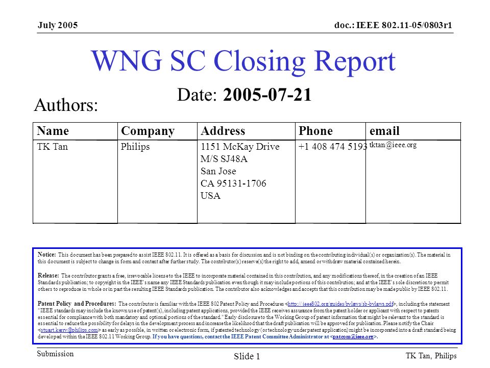 doc.: IEEE /0803r1 Submission July 2005 TK Tan, Philips Slide 1 WNG SC Closing Report Notice: This document has been prepared to assist IEEE