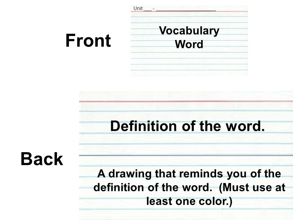 Front Back Vocabulary Word Definition of the word.