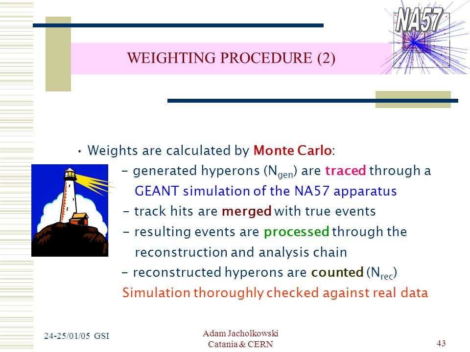 Adam Jacholkowski Catania & CERN /01/05 GSI WEIGHTING PROCEDURE (2) Weights are calculated by Monte Carlo: - generated hyperons (N gen ) are traced through a GEANT simulation of the NA57 apparatus - track hits are merged with true events - resulting events are processed through the reconstruction and analysis chain - reconstructed hyperons are counted (N rec ) Simulation thoroughly checked against real data