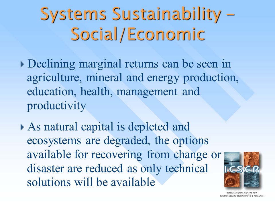 Systems Sustainability - Social/Economic  Declining marginal returns can be seen in agriculture, mineral and energy production, education, health, management and productivity  As natural capital is depleted and ecosystems are degraded, the options available for recovering from change or disaster are reduced as only technical solutions will be available