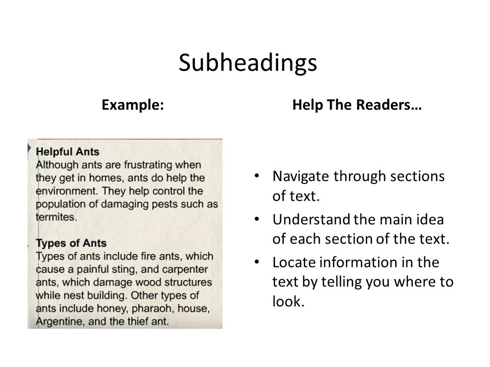 Subheadings Example:Help The Readers… Navigate through sections of text.