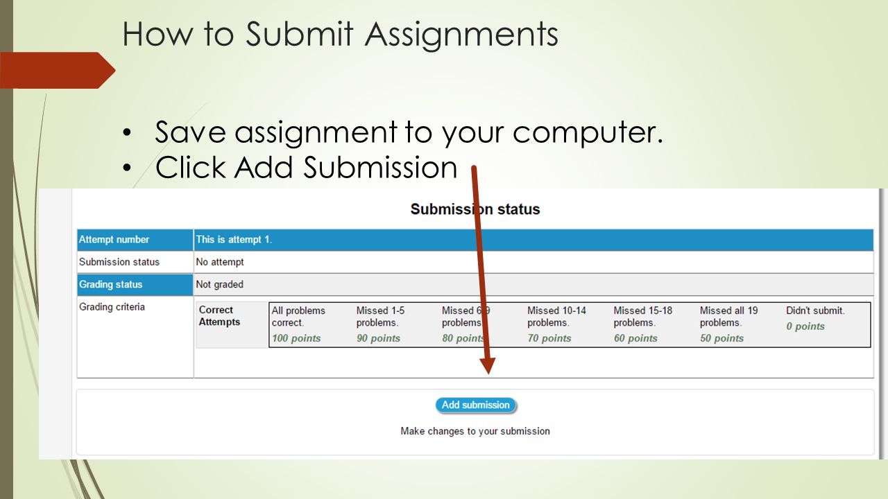 How to Submit Assignments Save assignment to your computer. Click Add Submission